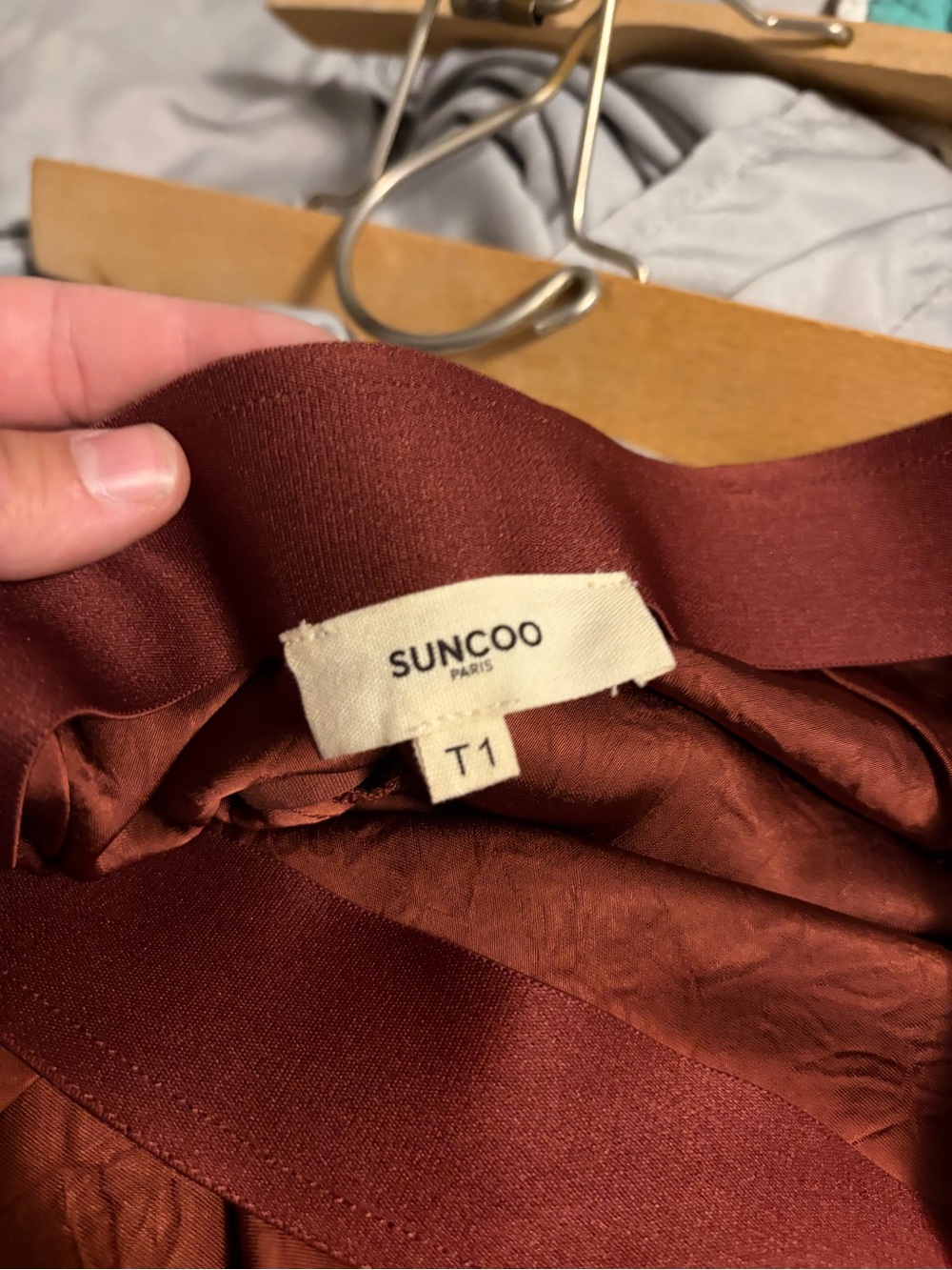 SUNCOO Satin Rust/Maroon Midi Skirt with Small Slit